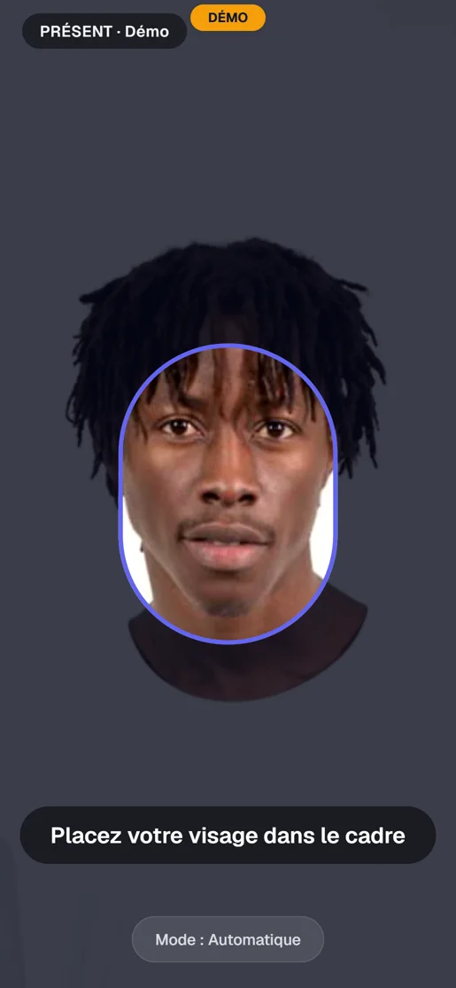 Un visage analysé par la reconnaissance faciale de la borne PRÉSENT